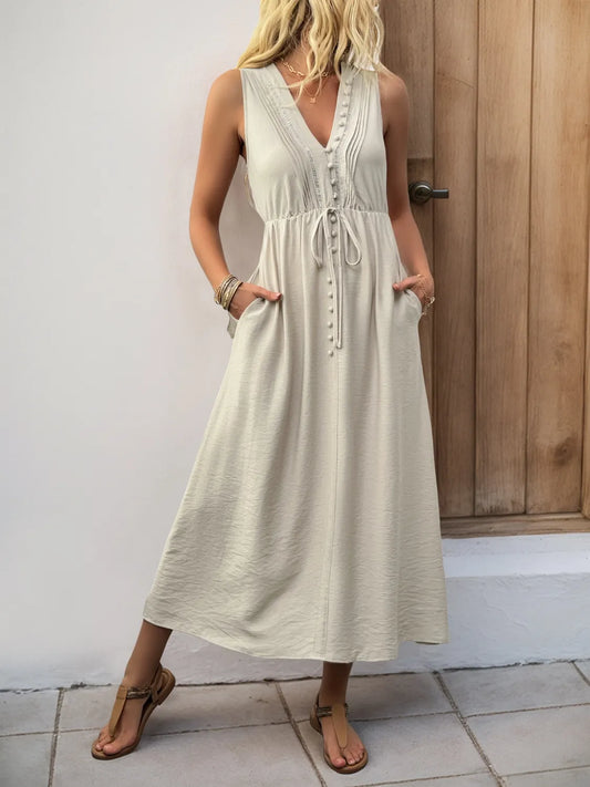 Button Front Sleeveless Midi Dress