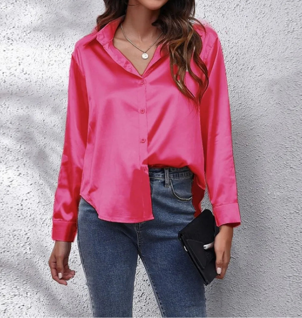 Button Up Collared Long Sleeve Satin Shirt
