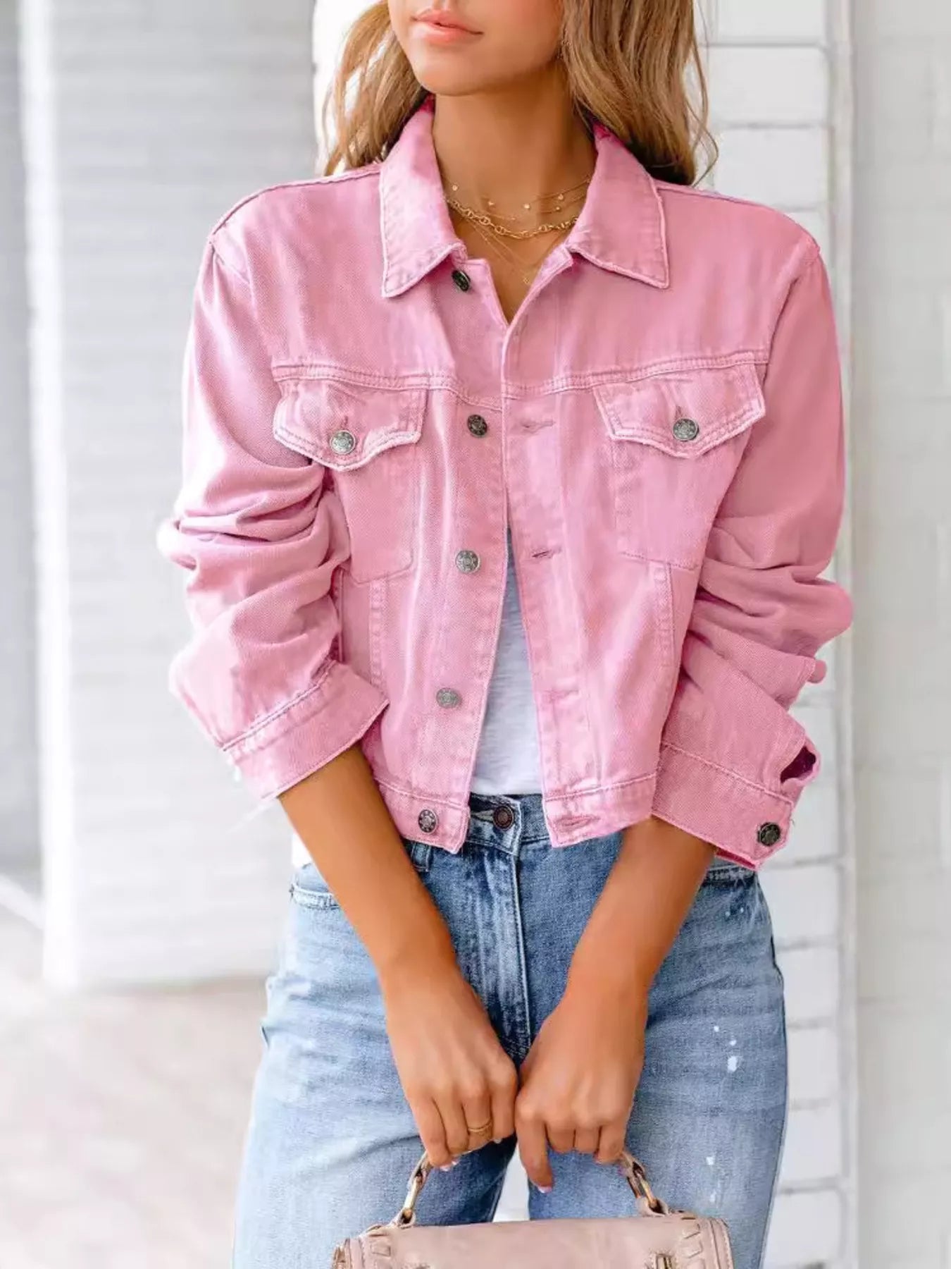 Button Up Long Sleeve Denim Jacket Pink