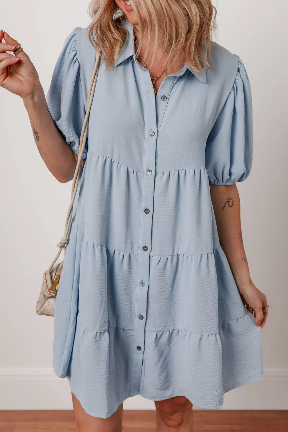 Button Up Puff Sleeve Tiered Shirt Dress-Light Blue
