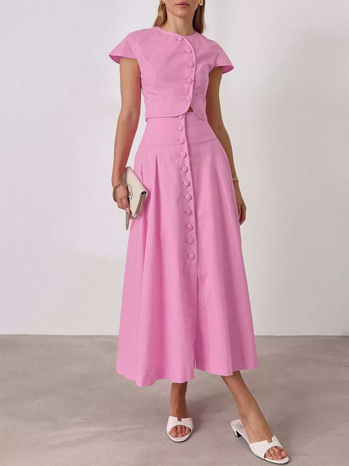 Cap Sleeve Button-Down Crop Top and Midi Skirt Set Pink