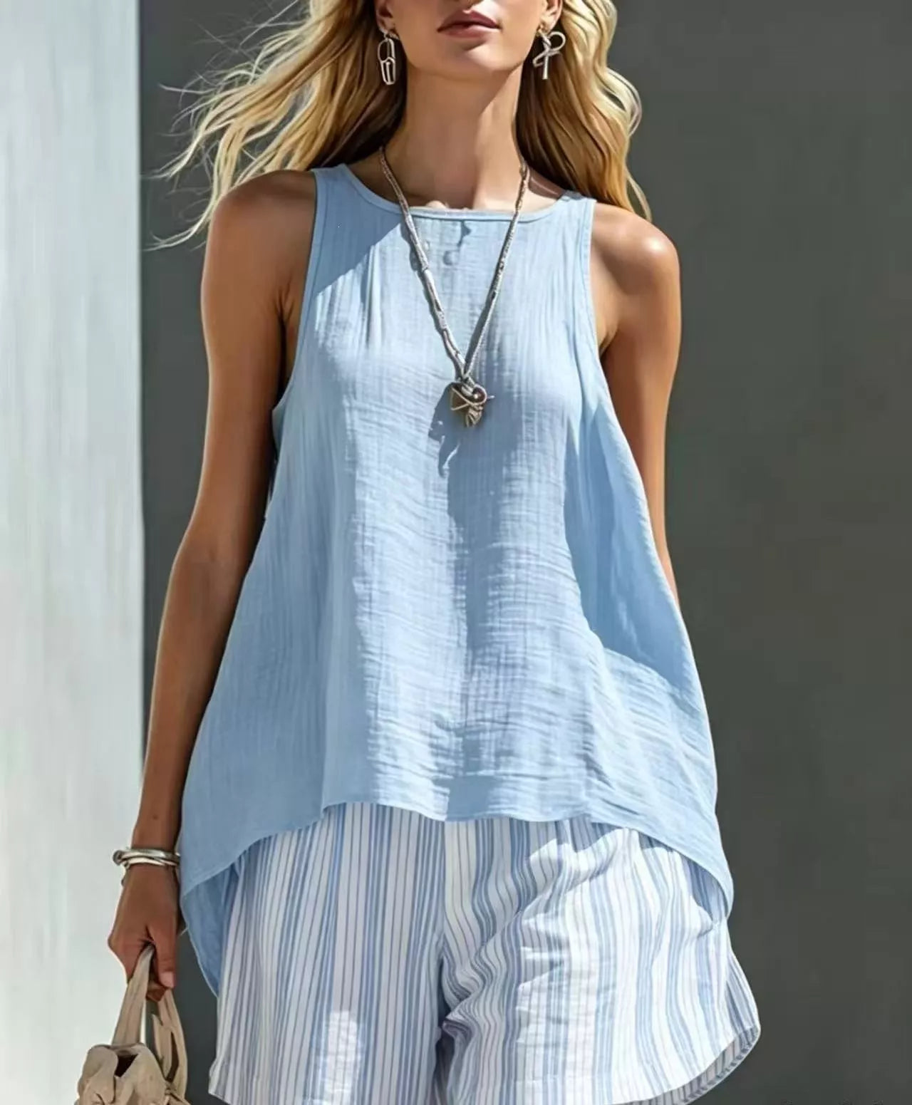 Casual Tank & Striped Shorts Two-Piece Set Light Blue