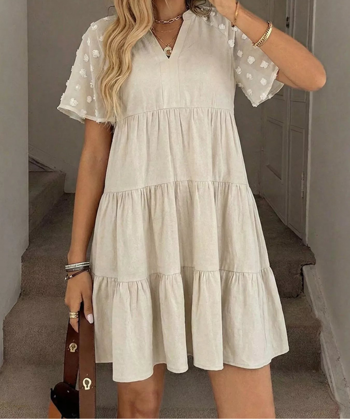 Casual Tiered Mini Dress with Swiss Dot Sleeves