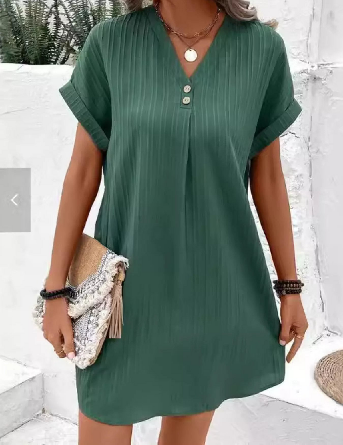 Casual V-Neck Short Sleeve Dress Green
