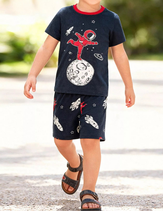 Kids' astronaut and rocket T-shirt and shorts set by Marigold Kids, featuring a fun space-themed design for boys.