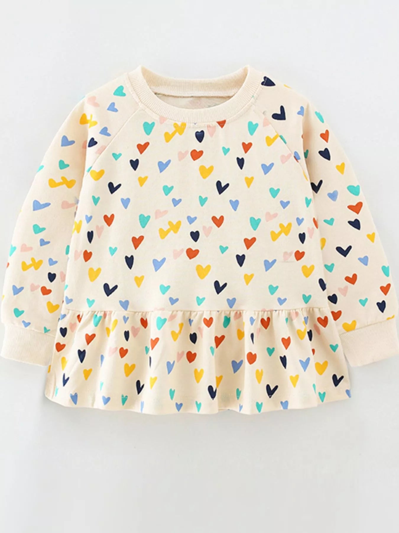 Children's Heart Print Ruffle Hem Long Sleeve Top