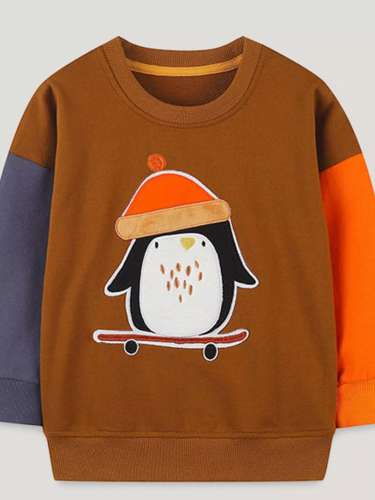 Children wearing Marigold Kids penguin round neck jumper, cozy children's jumper with cute penguin design, perfect for cold weather.