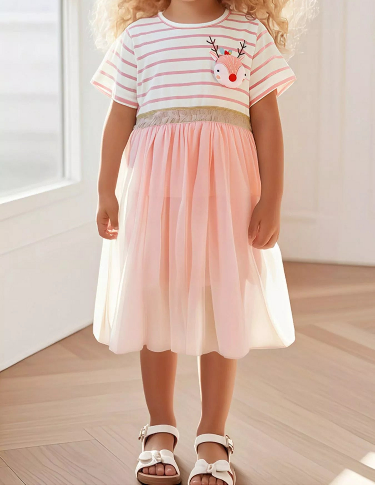 Children's Striped Tulle Dress with Reindeer Applique