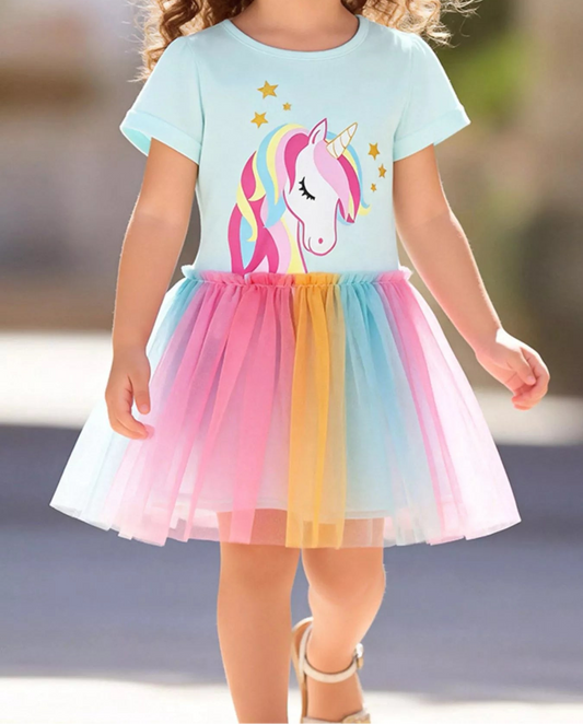 Children's unicorn graphic rainbow tulle dress for girls by Marigold Kids, featuring colorful rainbow and whimsical unicorn design.