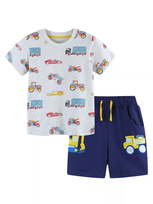 Children's vehicle print T-shirt and shorts set by Marigold Kids, boys' casual outfit with colorful vehicle designs.