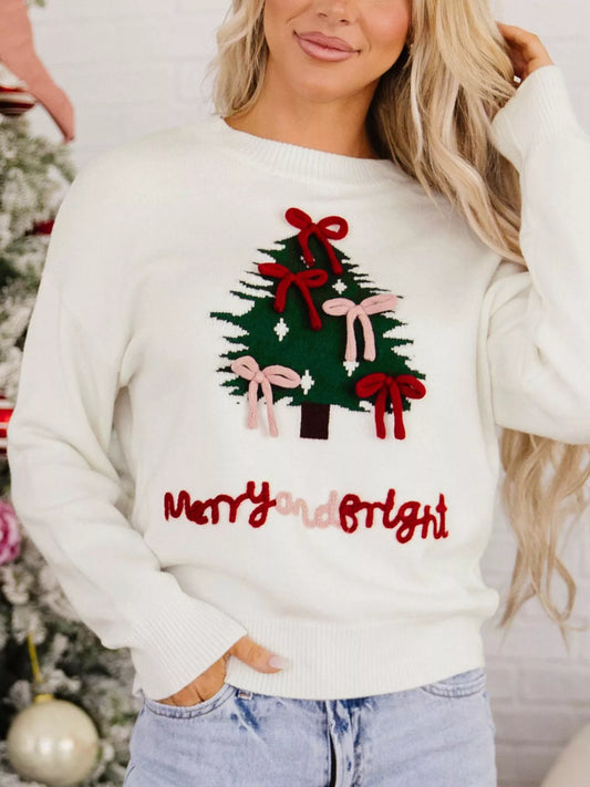Christmas Tree Bow Drop Shoulder Knit Jumper