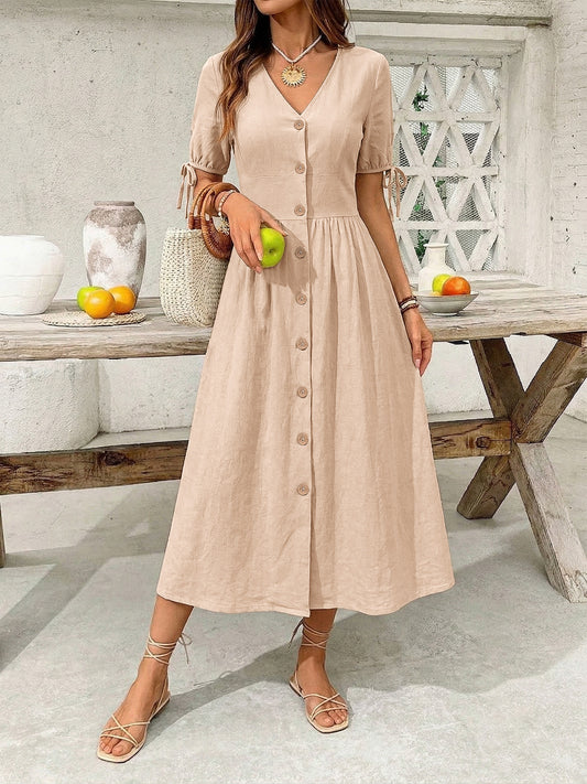 Classic Button-Down Midi Dress with Sleeve Ties
