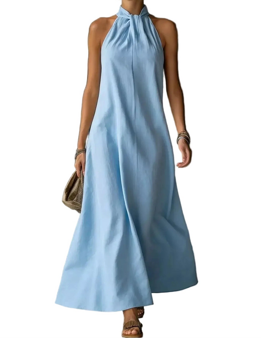 Blue Cleo halter neck maxi dress by Marigold Collections Australia, flowing fabric and elegant design perfect for summer wear.