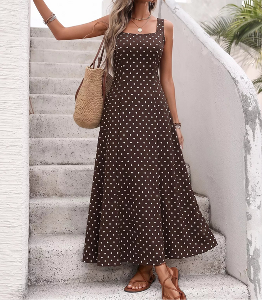 Coffee Polka Dot Sleeveless Maxi Dress
