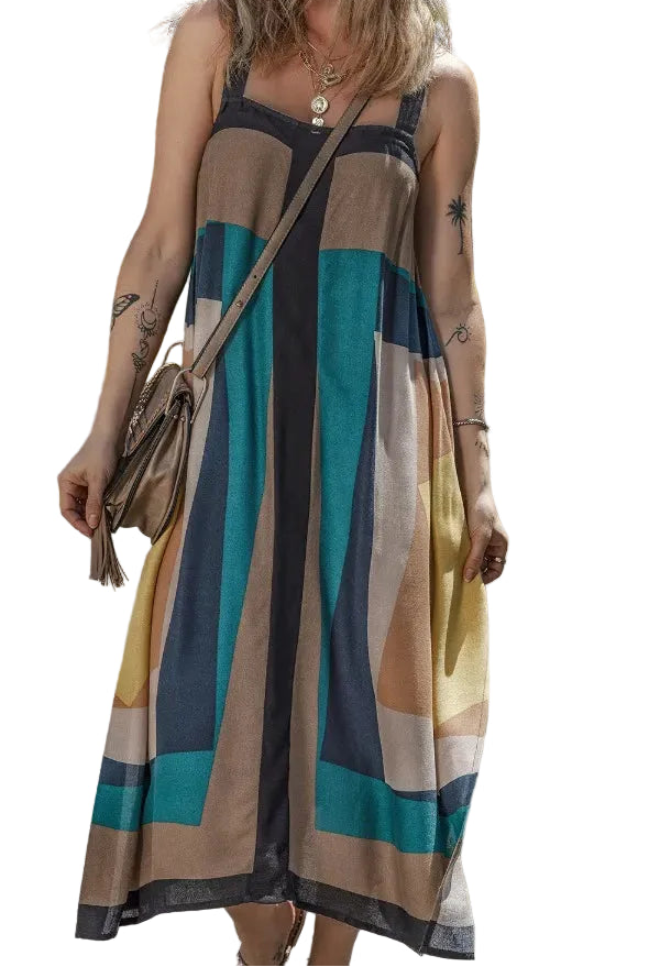 Color Block Square Neck Midi Dress
