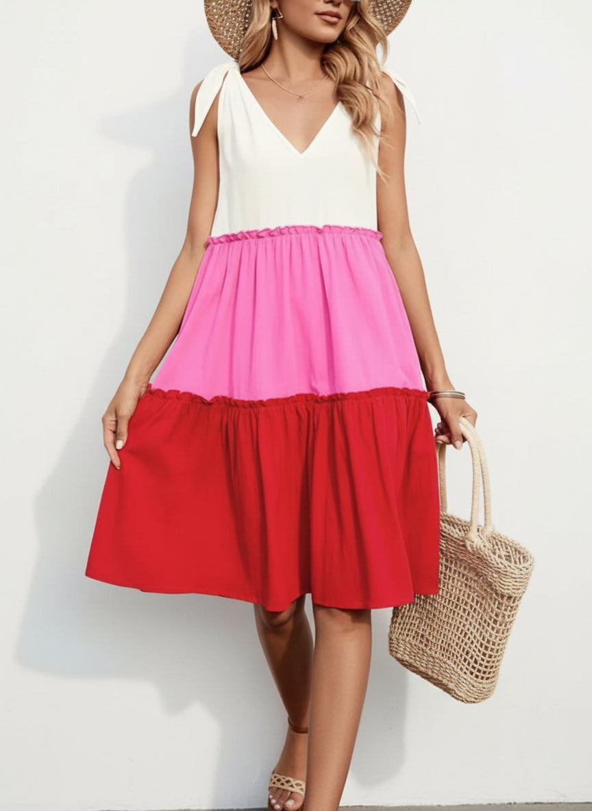 Colorblock Tiered Midi Tank Dress - Women's Casual Summer Dress hot pink