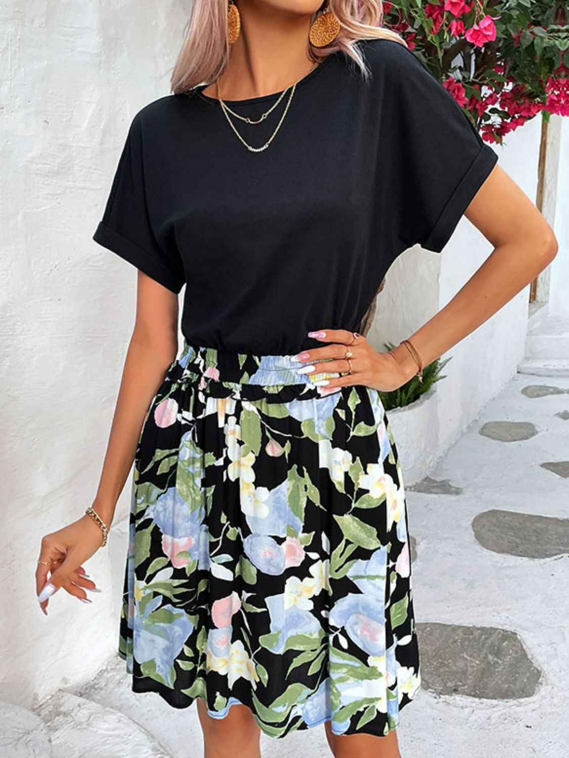 Contrast Black & Floral Print Mini Dress