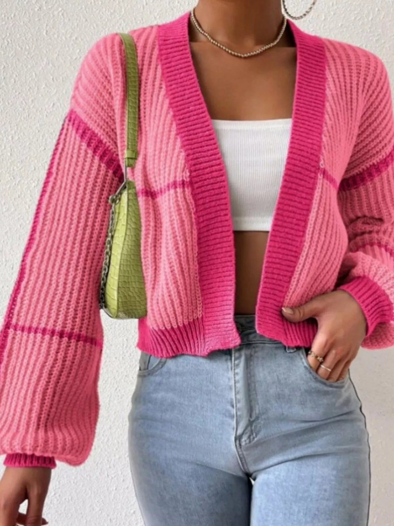 Contrast Open Front Long Sleeve Cardigan