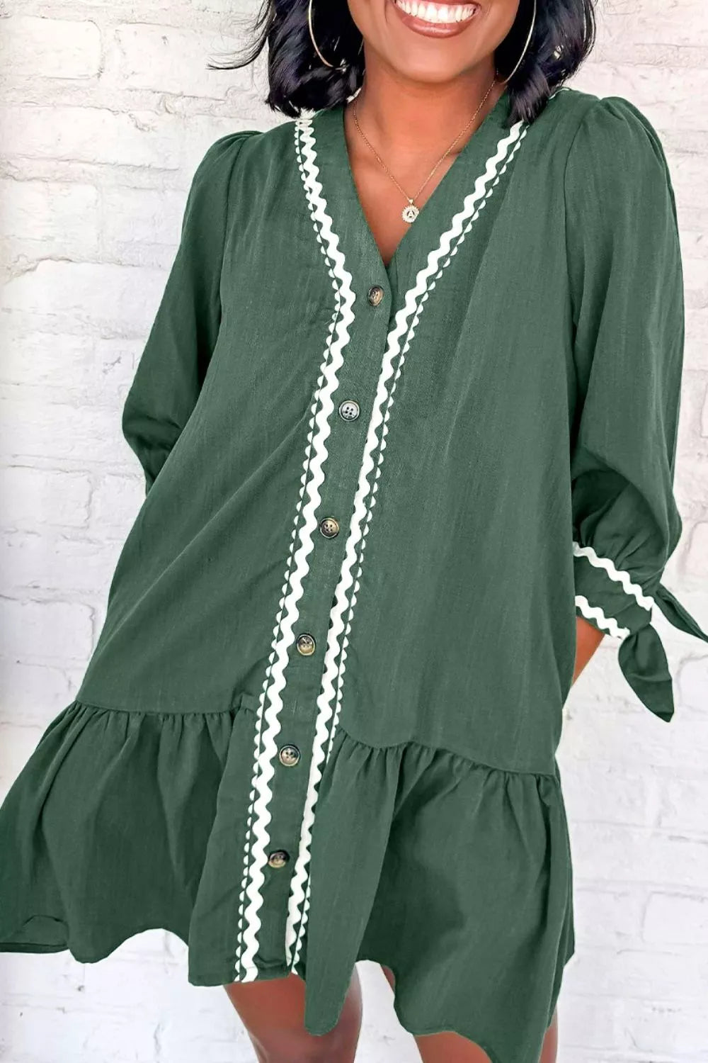 Contrast Ricrac Trim Button Front Shift Dress-Green