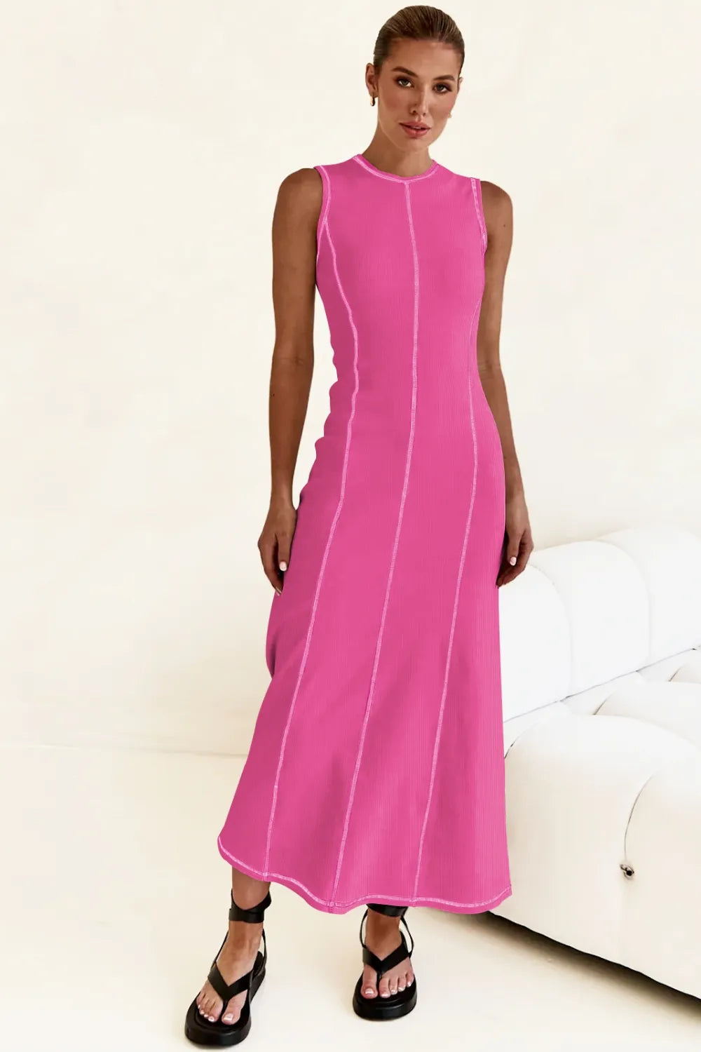 Contrast Stitch Maxi Tank Dress - Women's Casual Chic Long Dress hot pink