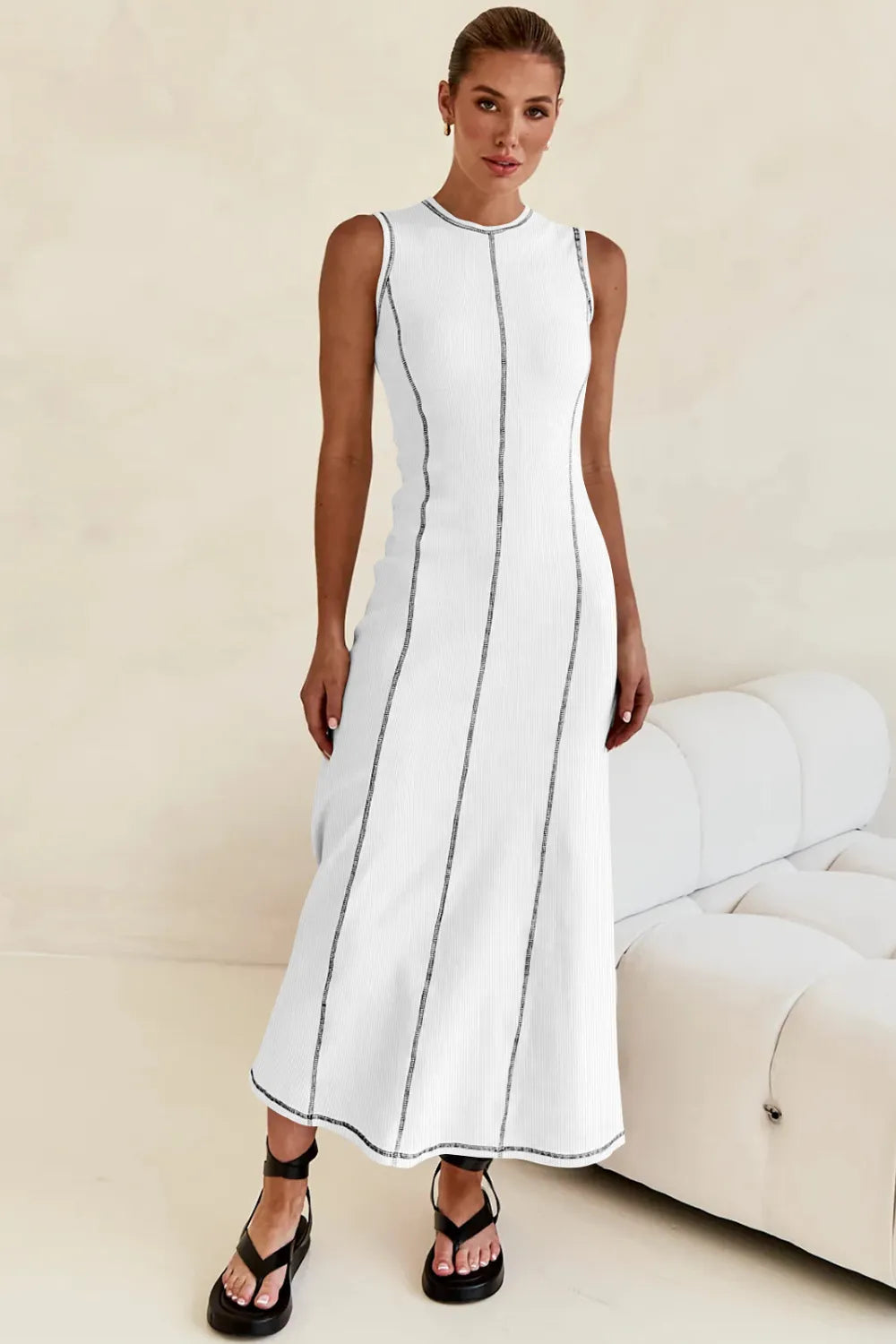 Contrast Stitch Maxi Tank Dress - Women's Casual Chic Long Dress white