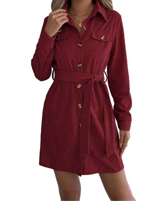 Corduroy Button-Front Belted Shirt Dress
