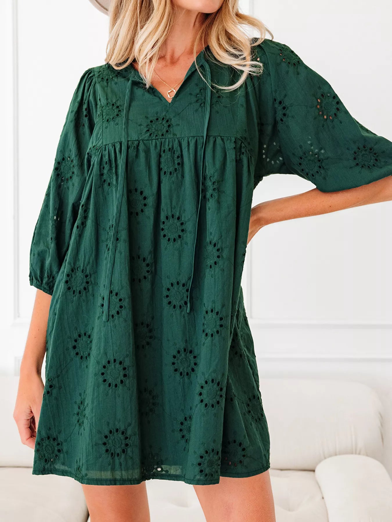 Cotton Eyelet Mini Dress with Puffy Sleeves - Embroidered Eyelet Swing Dress