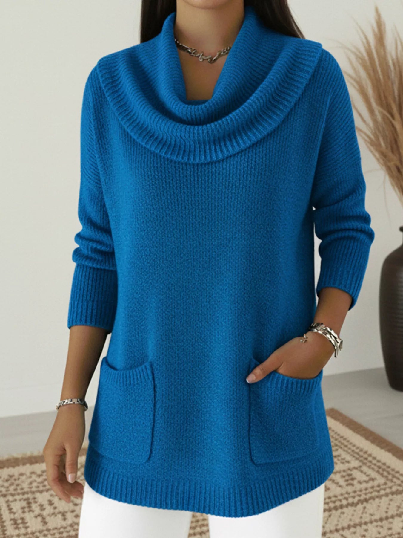 Cowl Neck Long Sleeve Sweater with Pockets