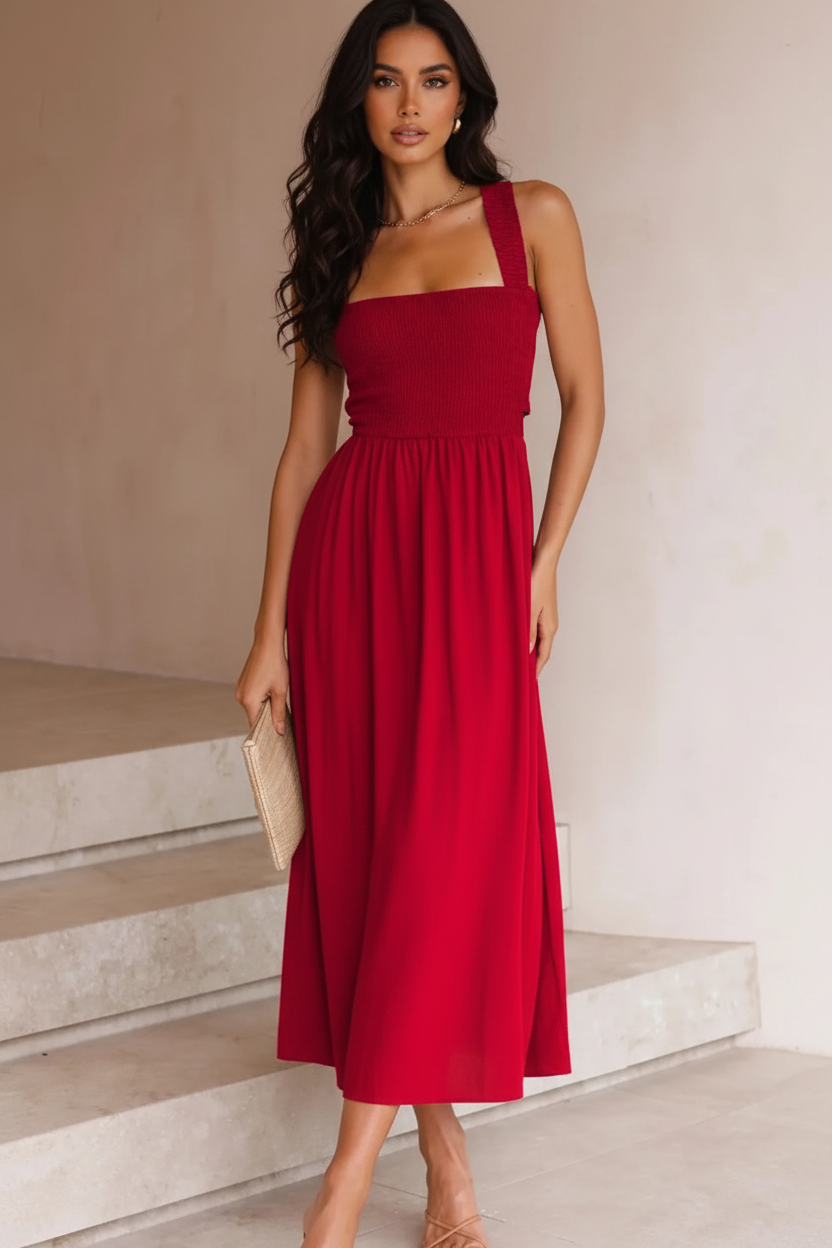 Crisscross back Smocked Midi Dress Red