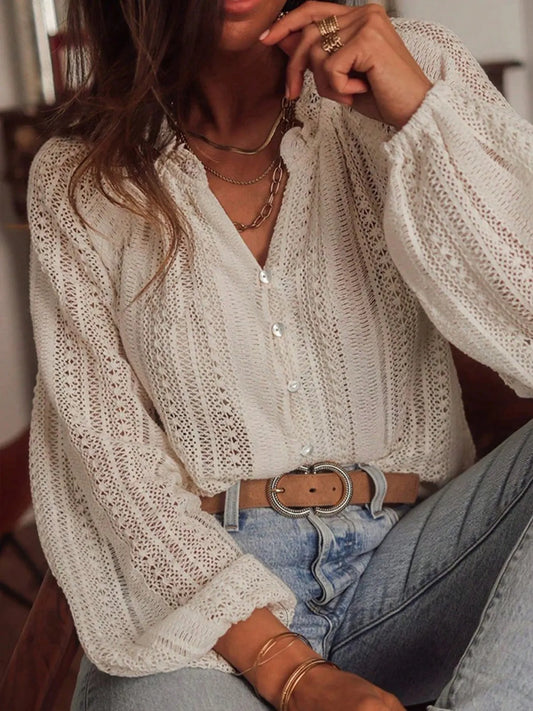Crochet Notched Button-Front Shirt apricot