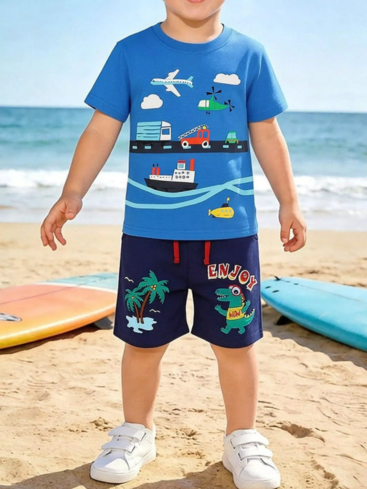 Crocodile & Vehicle Print Cotton Tee & Shorts Set