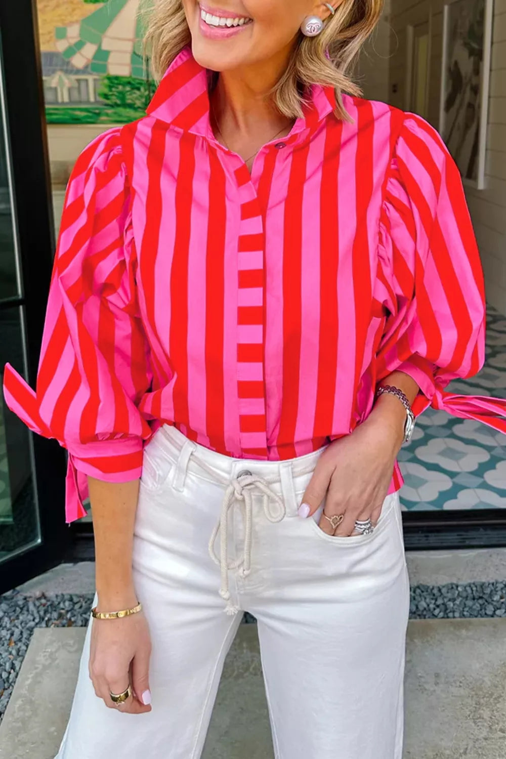 Deep Rose Stripe Puff Sleeve Blouse