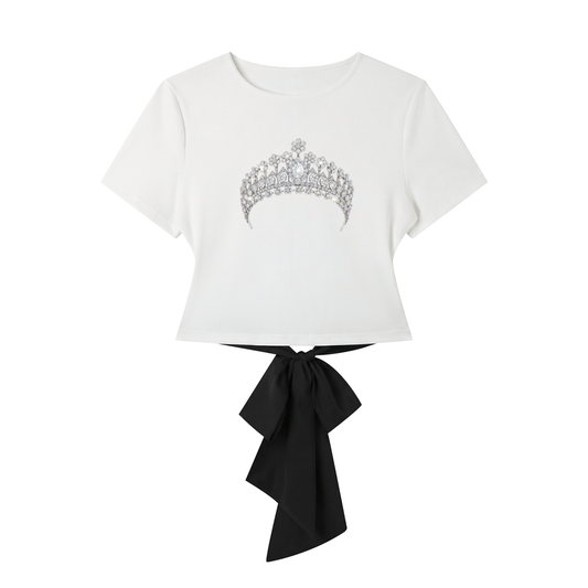 Diamond Tiara Print Bridal Party Hens Women's Slim Fit Boatneck T-Shirt with Back Tie