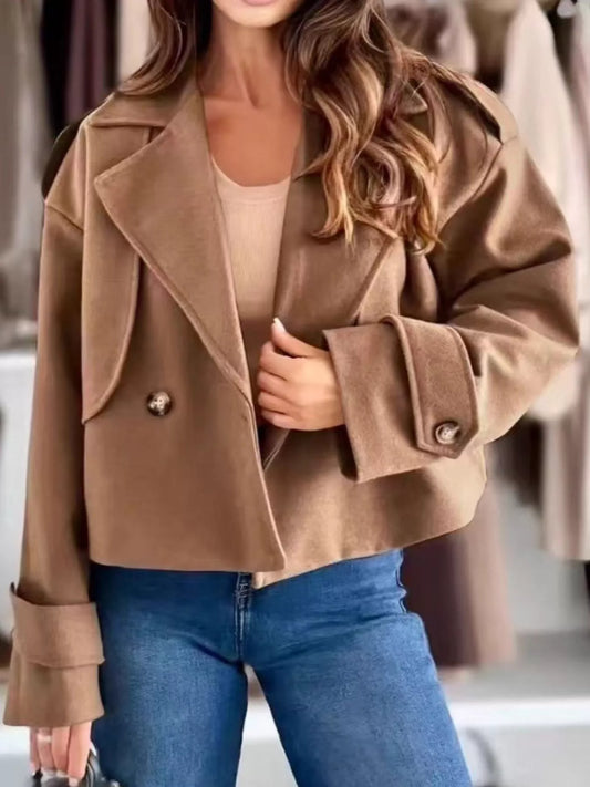 Double-Breasted Cropped Jacket - Lapel Collar Dropped Shoulder Outerwear