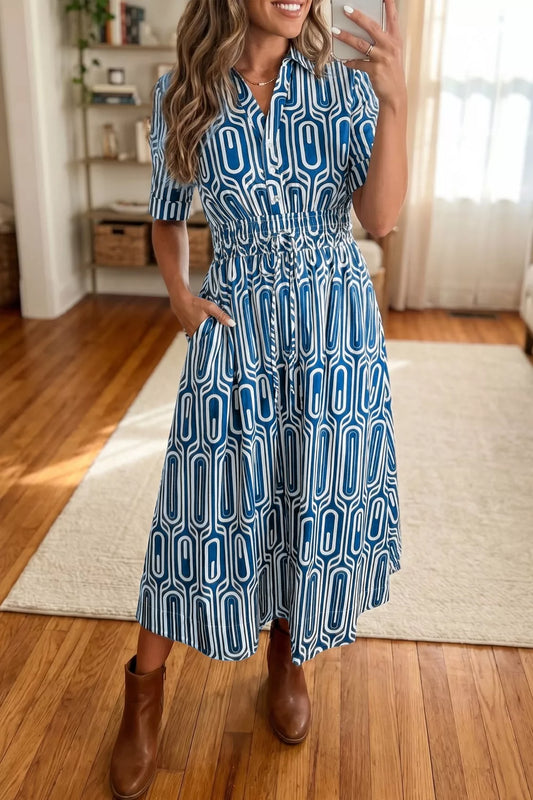 Dusty Blue Geometric Print Midi Shirt Dress