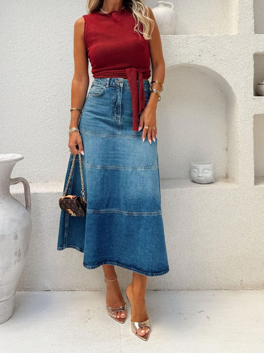 Dusty Blue High-Waisted Denim Midi Skirt | A-Line with Pockets