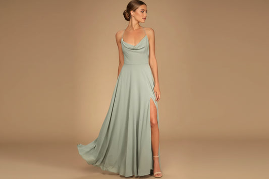 Elegant Cowl Neck Maxi Dress with Lace-Up Back & Side Slit