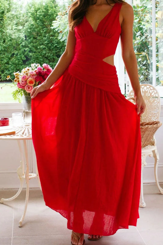 Elegant Cutout Back V-Neck Evening Dress - Women's Formal Cocktail Party Dress red