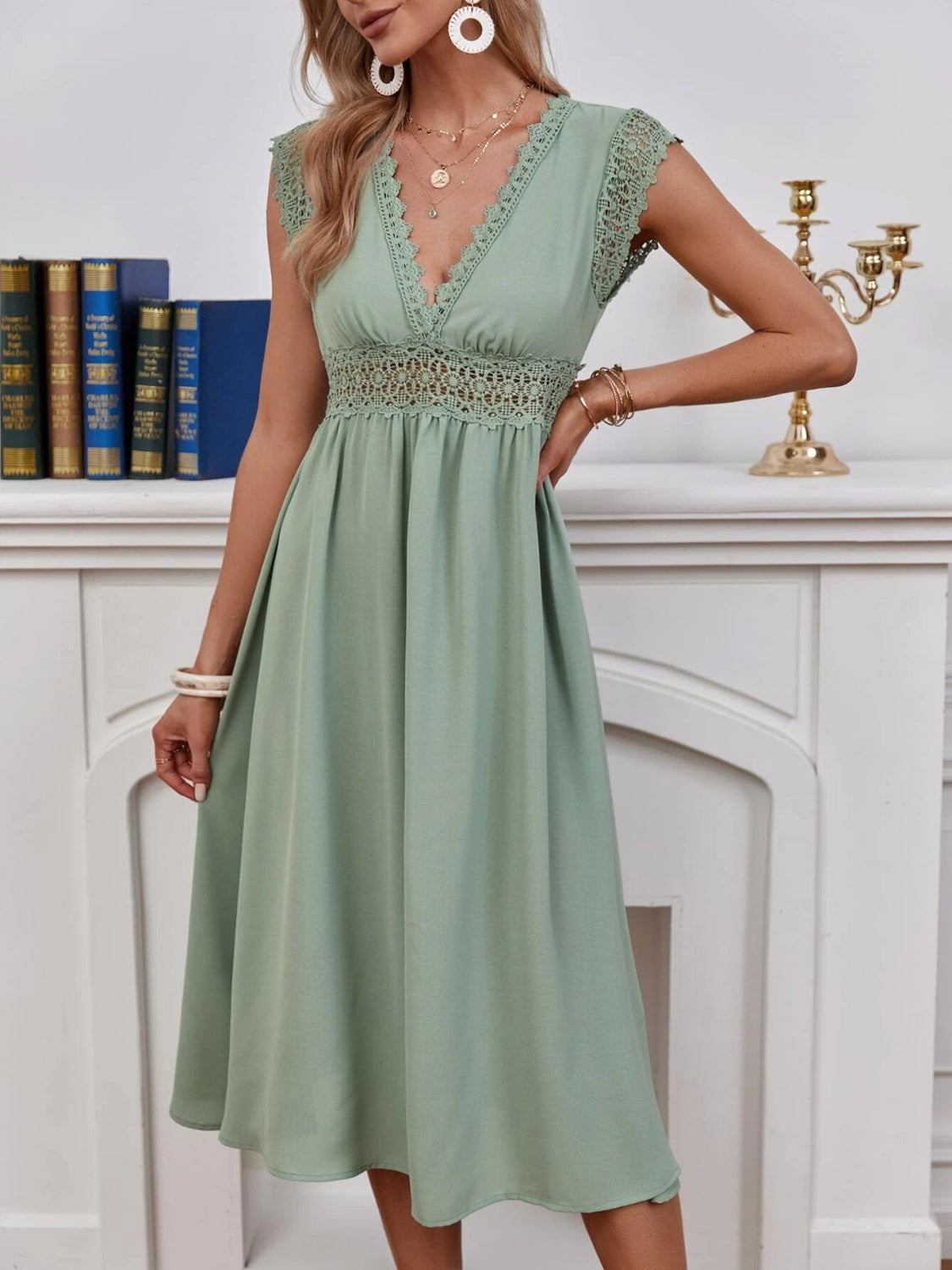 Lace Detail V-Neck Midi Dress - MARIGOLD COLLECTIONS AUSTRALIA