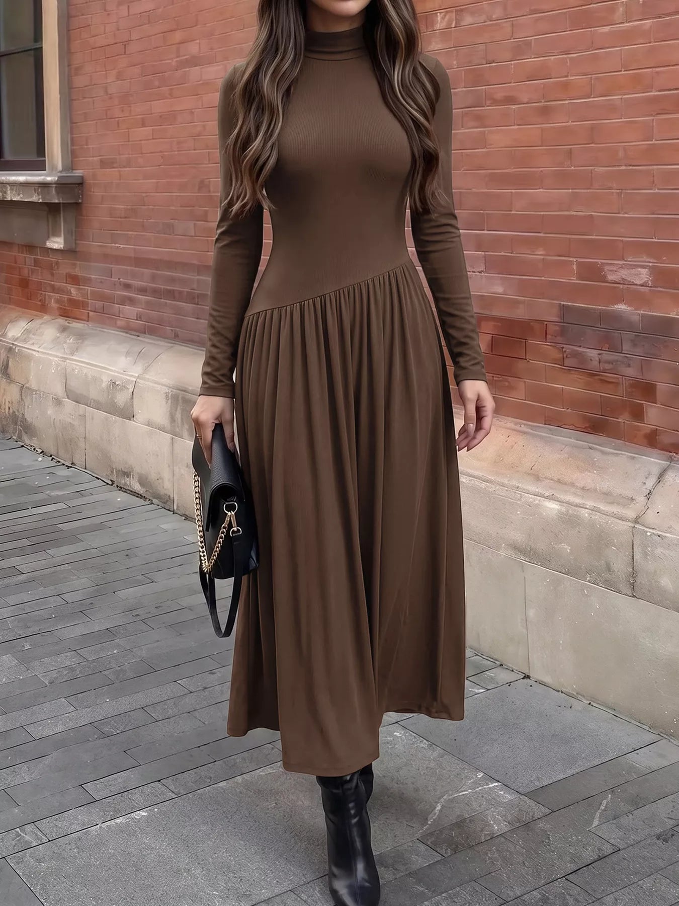 Espresso Mock Neck Long Sleeve Midi Dress