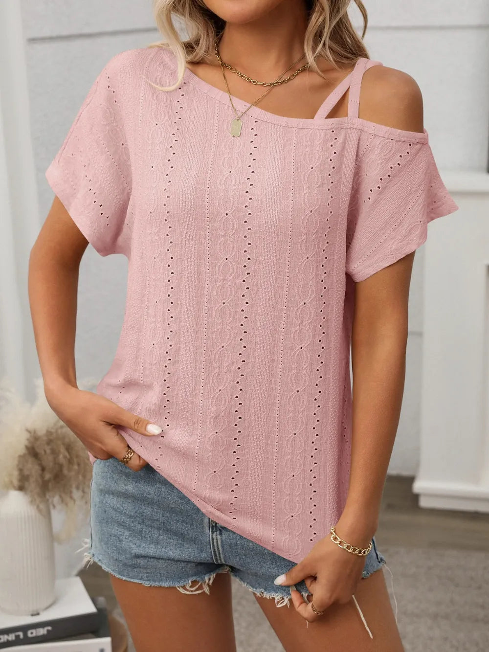 Eyelet Asymmetrical Shoulder Short Sleeve Top Blush Pink