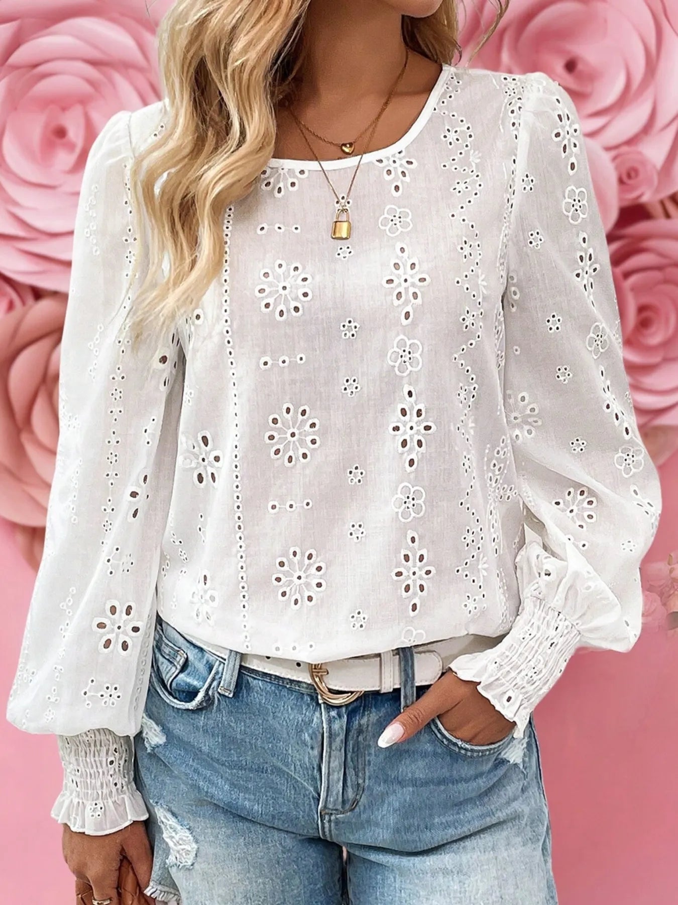 Eyelet Long Sleeve Blouse white