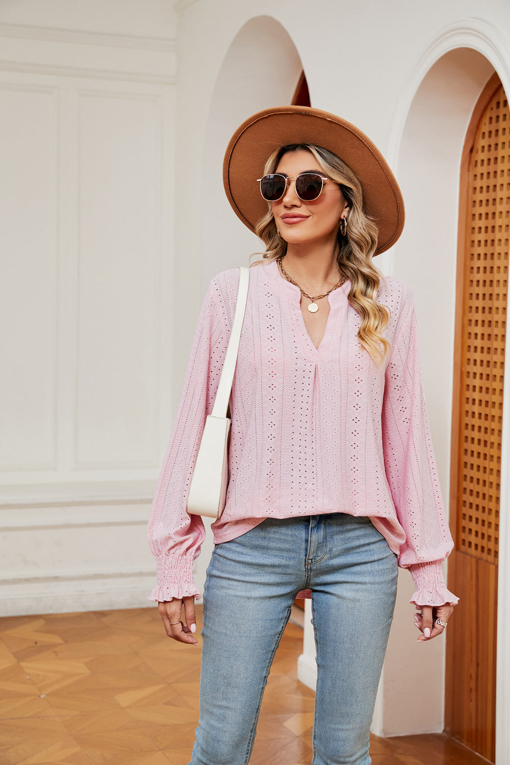 Eyelet Notched-Neck Flounce-Sleeve Blouse