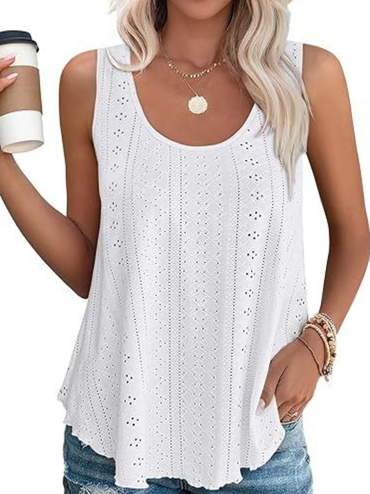 Eyelet Scoop Neck Tank White