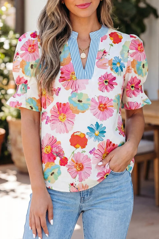 Floral-Print Short Puff-Sleeve Striped-Trim V-Neck Blouse