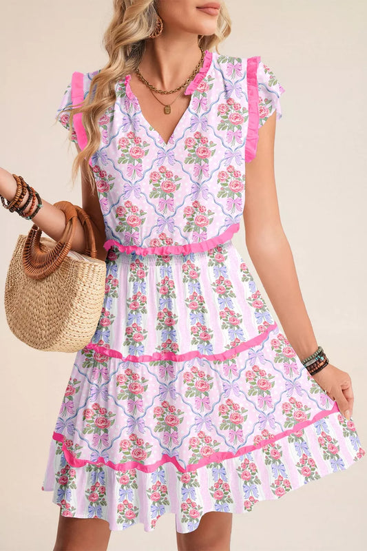 Floral & Bow Print Tiered Dress