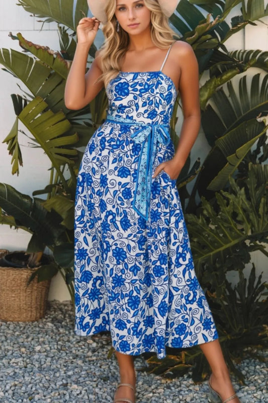 Floral Cami Midi Dress with Waist Tie