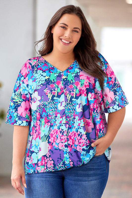 Floral Center Seam V-Neck Blouse plus size curve