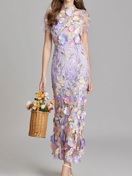 Floral Embroidered Mesh Overlay Maxi Dress violet