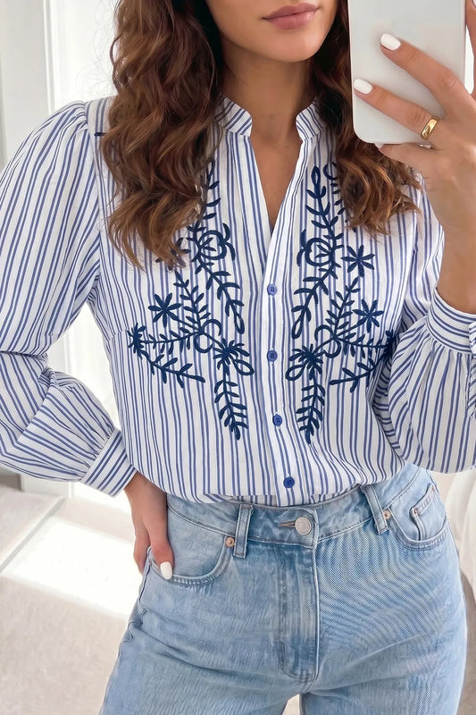 Floral Embroidered Striped Shirt